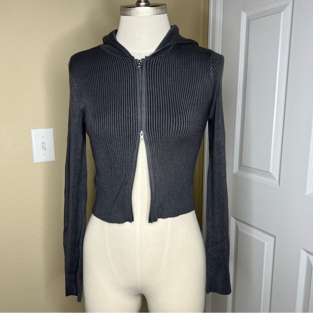SUGAR MOON Dark Gray Ribbed Zip Hoodie